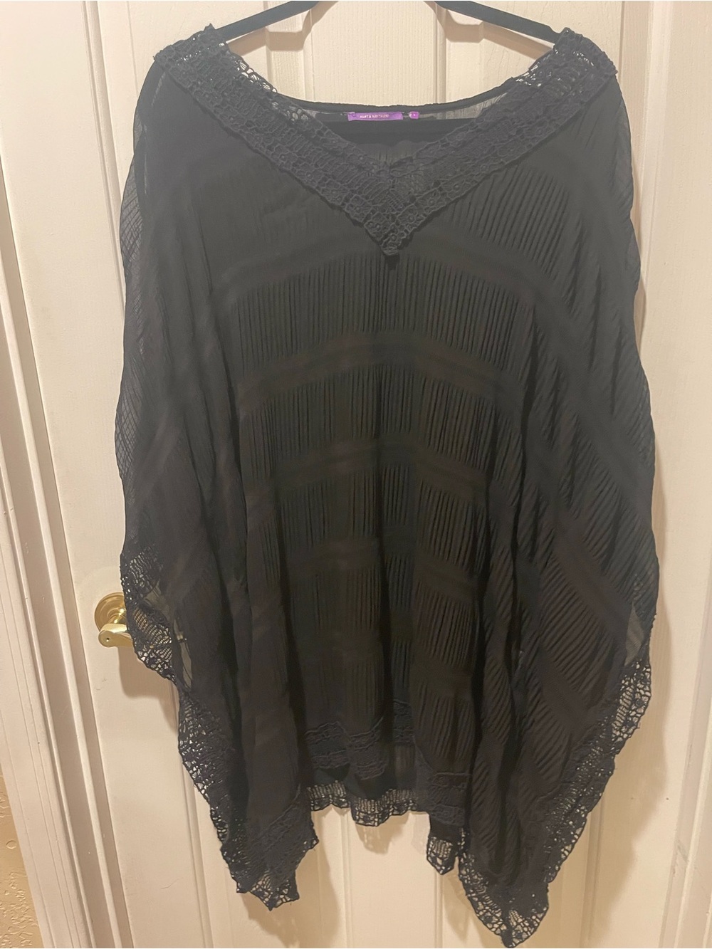 Amita Naithani Black Crochet Trim Beach Cover Up Kaftan Poncho | Size L